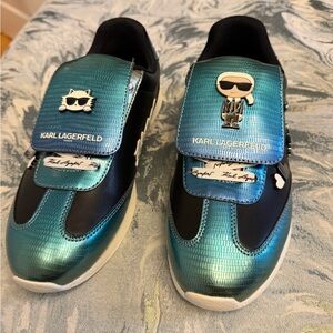 Karl Lagerfeld Kids Metallic Teal and Black Slip-On Sneakers